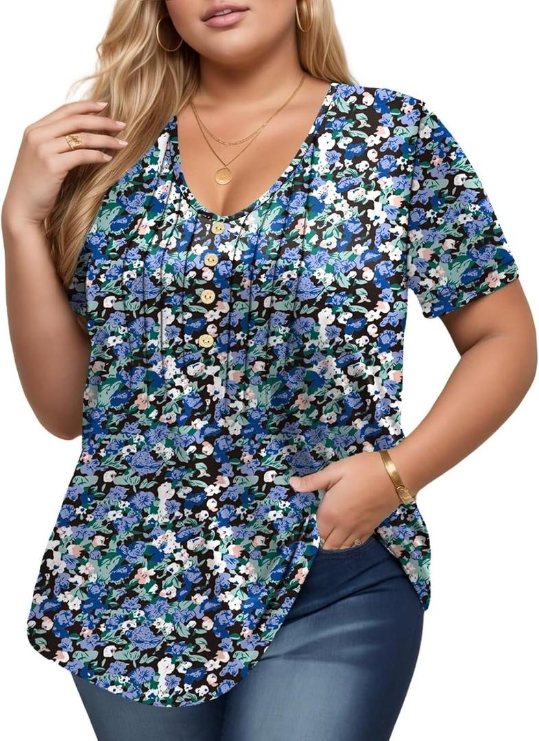 DOLNINE Womens Plus Size Tops Casual Pleated Front V Neck Button Summer Loose Fit Shirts XL-5XL (XX-Large, Yh004)