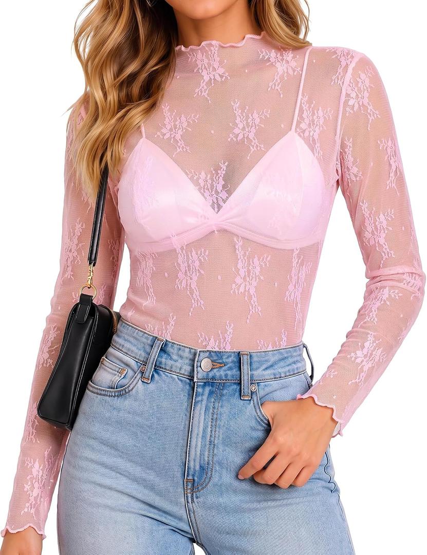 Girece Lace Tops for Women Long Sleeve Mock Neck Mesh Top Sexy Sheer Shirts See Through Floral Blouses (Pink, XL)