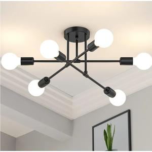 Modern Sputnik Chandelier Ceiling Light Fixtures, 6-Lights 22” Mid Century Industrial Metal Semi Flush Mount for Dining Room, Bedroom, Living Room-Black