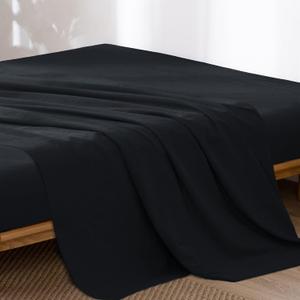 MooMee Flat Top Sheet Only 100% Washed Cotton Linen Like Textured Breathable Durable Soft Comfy (Black, Queen)