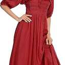 R.Vivimos Women Summer Half Sleeve Cotton Ruffled Vintage Elegant Backless A Line Flowy Long Dresses (Burgundy#1, XL)