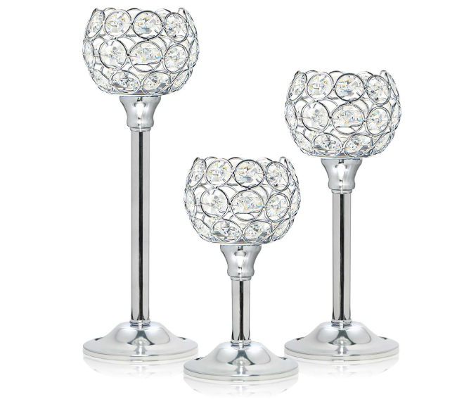 Kehail Set of 3 Silver Crystal Metal Tealight Candlestick, Bling Bowl Candelabras, Tall Votive Candle Holders Elegant Candle Centerpiece for Dining Table Wedding Decor