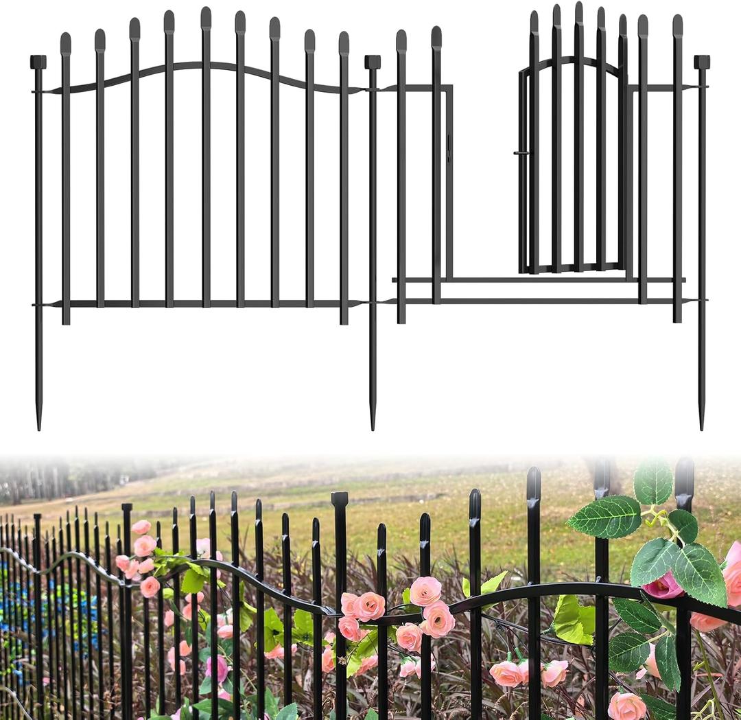 10 Panels No Dig Garden Decorative Fence with Gate - 24in H x 22.5ft L, Heavy-Duty Square Tube Animal Barrier, Rustproof Dog Fence for Outdoor Yard & Patio Protection