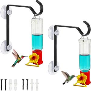 Julyxi 2 Pack Window Hummingbird Feeder with Hooks, 2 Mini 2.2oz Transparent Plastic Flower Feeders, Heavy-Duty Metal Suction Cup Hangers, Dual Installation for Window, Glass & Wall