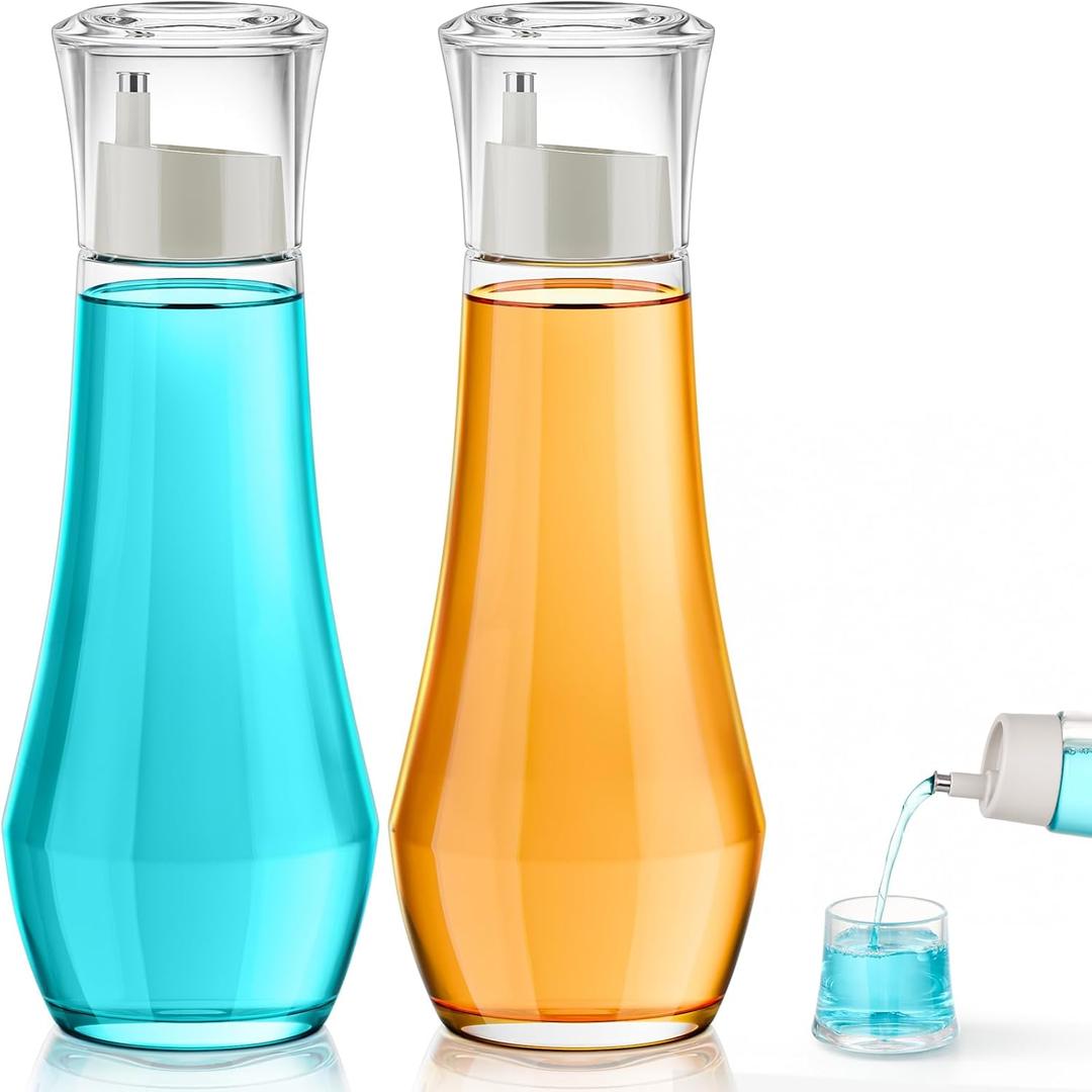 VITVITI Glass Mouthwash Dispenser for Bathroom, 8.8OZ Mouth Wash Container Bottle with Lid Cup, Small Clear Refillable Mouthwash Dispenser Decanter for Countertop, Set of 2