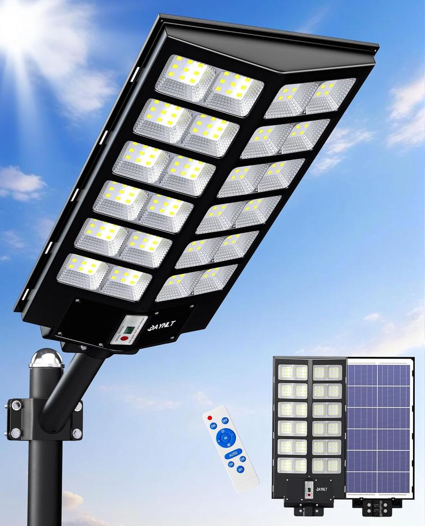 JAYNLT Y-9800W Solar Street Lights Outdoor,6500K Commercial Parking Lot Lights Dusk to Dawn, Waterproof Solar Security Flood Lamps with Motion Sensor and Remote for Yard, Garage, Driveway (1Pack)