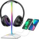 New Bee RGB Headphone Stand with 1 USB-C Charging Port and 1 USB Charging Port, Desk Gaming Headset Stand with 7 Light Modes and Non-Slip Rubber Base Suitable for All Earphone Accessories (Silver)
