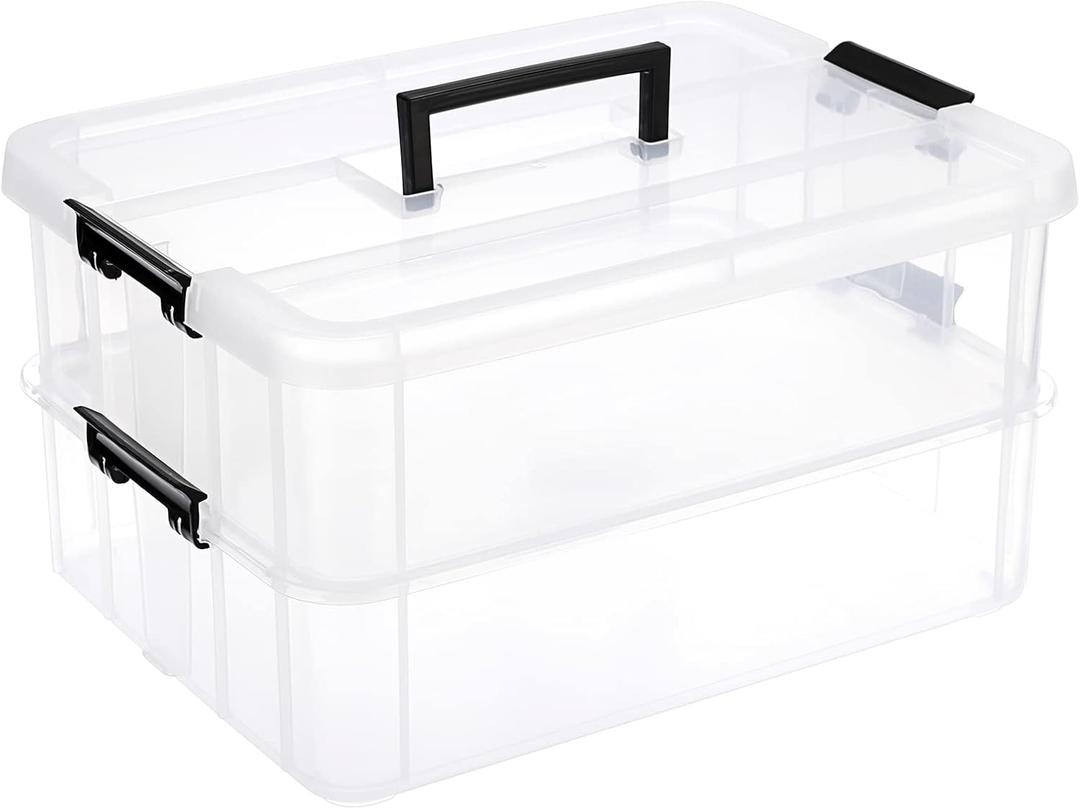 JUXYES 2-Tiers Stack Carry Storage Box With Handle, Transparent Stackable Storage Bin With Handle Lid Latching Storage Container for School & Office Supplies (Black)