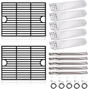 Adviace Grill Replacement Parts for Nexgrill 5 Burner 720-0888N, 720-0888, 4 Burner 720-0830H, 17 Inch Cast Iron Cooking Grates, Stainless Steel Burners Tubes, Heat Plate Shields, Electronic Ignitors.