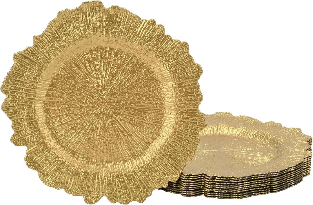 13 Inch Gold Charger Plates, Round Reef Pattern, Plastic, Set of 12, for Dinner Plates, Wedding Decor, Table Setting (Irregular)