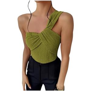 OYOANGLE Women's Textured One Shoulder Going Out Bodysuit Tops Twist Front Ruched Sleeveless Tank Top Body Suits, XS