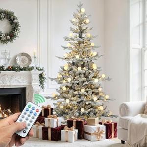YITAHOME 6FT Pre-lit Flocked Layered Christmas Tree with Remote, Hinged Flocked Christmas Tree w/ 1338 PE & PVC Mixed Branch Tips, 270 Warmwhite & Color Changing Lights w/Removable lampshade,11 Modes : Home & Kitchen