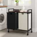 WOWLIVE Double Laundry Hamper with Lid,Rolling Laundry Basket Organizer with Wheels, Iron-Made Laundry Sorter with Top Shelf and 2 Removable Bags,Large Clothes Storage for Room,Black and Beige
