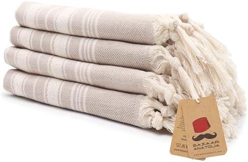 Bazaar Anatolia Hand Towels | 6"×3 ft Decorative Turkish Hand Towel for Bathroom, 100% Cotton, Kitchen, Face, Hair, Tea, Dishcloth, Guest Towels Cream - Stripe Beige