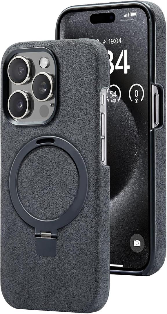 AKANTRA Alcantara Case for Apple iPhone 15 Pro Max, Handmade Half-Wrapped Synthetic Suede Cover, Magnetic Holder Ring Compatible with Magsafe Wireless Charging (iPhone15 Pro Max, Black)