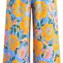 BTFBM Floral Wide Leg Pants Woman Spring Summer 2026 Smocked Elastic Waist Long Pant Resort Wear Beach Vacation Outfits(Light Blue, Large)