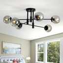 6-Lights Glass Globe Sputnik Chandelier Modern Flush Mount Ceiling Light Fixture Black Farmhouse Lighting for Dining Room Living Room Bedroom Kitchen Passageway.