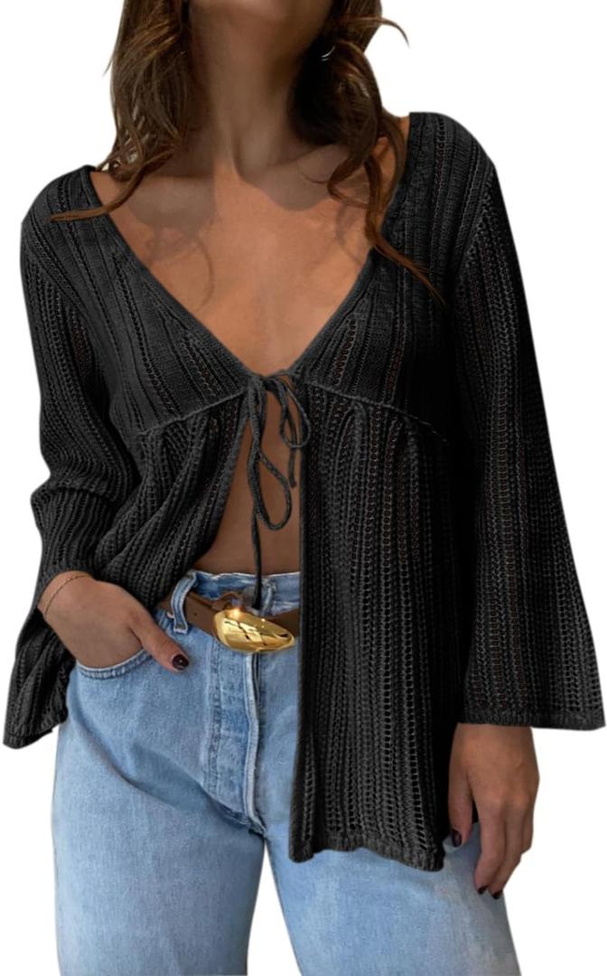 Saodimallsu Womens Summer Lightweight Tie Front Cardigans Crochet Knit Long Bell Sleeve Casual V Neck Beach Cover Ups (Small, Black)