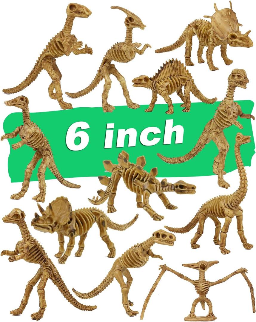6 Inch Dinosaur Fossil Skeleton for 3 4 5 6 7 8 9 10+ Year Old, Dino Bones for Science Play Rewards, Dino Sand Dig Toys, Educational Gift, Party Favors for Kids (12 Packs)