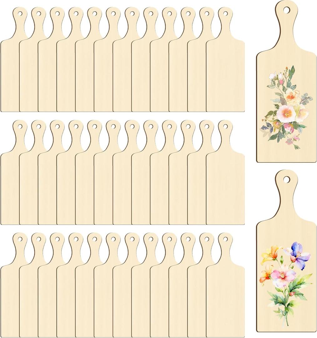 36 Pcs Wooden Mini Cutting Board with Handle, Wood Craft Mini Charcuterie Boards, Unfinished Wood Paddle Blank Chopping Plank, Rectangle Wooden Craft Paddle for DIY Home Kitchen Decor(9.4 X3.5 in