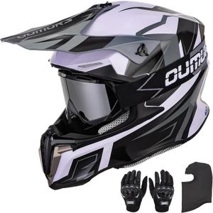 OUMURS Adult ATV Dirt Bike Helmet with Gloves & Mask Adjustable Sun Visor Motorcycle Adult Helmet Off-Road Motocross Downhill Moped MX for Unisex-Adult - White-Gray, M
