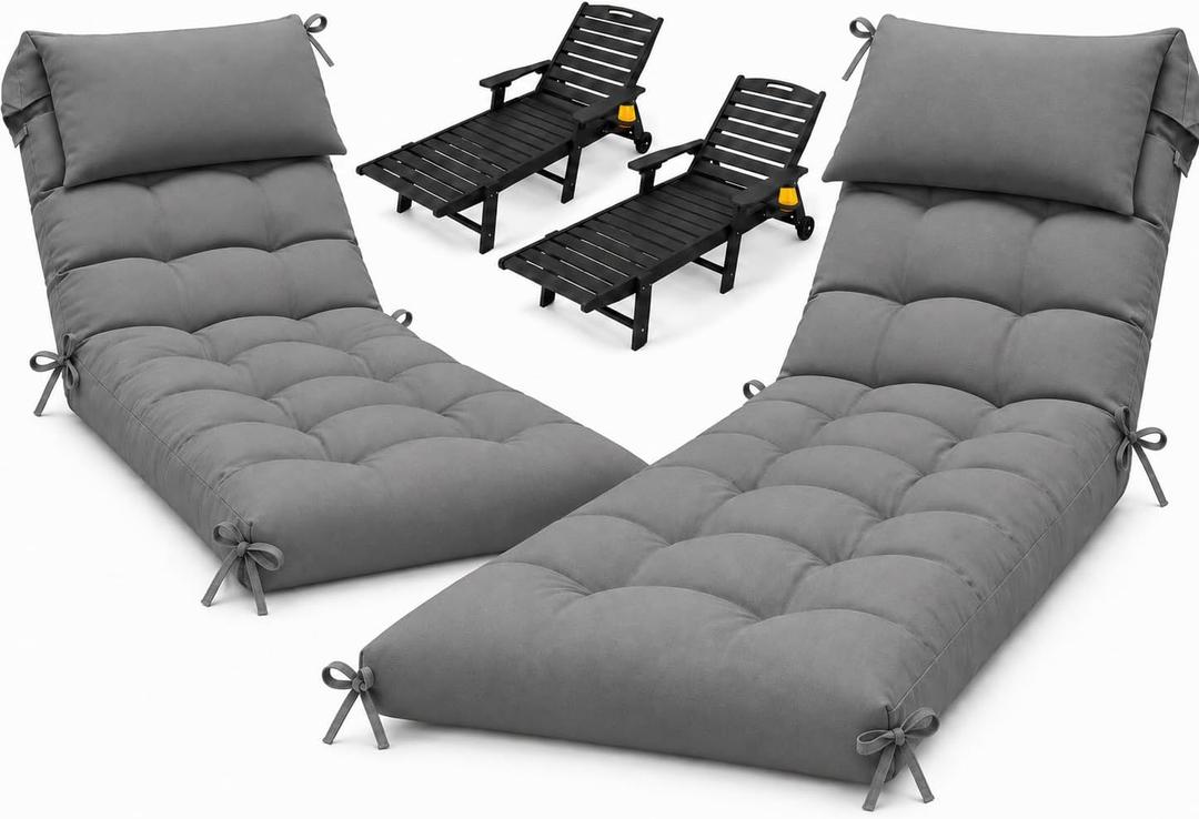 2 Pack 76 x 22 x 4.7" Waterproof Chaise Lounge Chair Cushion Outdoor Gray