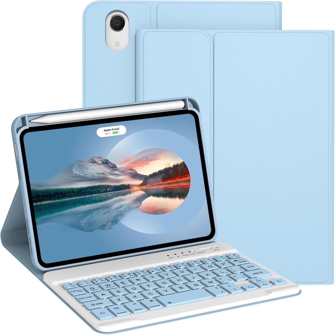 Keyboard Case for iPad mini 7th Generation (A17 Pro) 2024 / 6th Gen 2021 8.3 Inch [Magnetic Detachable Wireless Keyboard][Support 3 System] Flip Stand Case with Pencil Holder, Light Blue