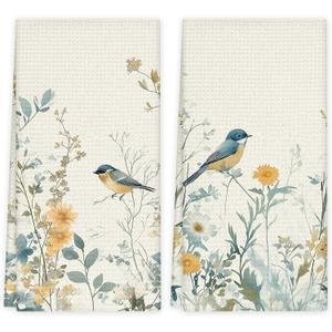 Spring Floral Blue Bird Kitchen Towels Set of 2, Farmhouse Wildflower Spring Dish Tea Towels for Kitchen Decor, Rustic Flower Hand Towels for Bathroom Decor, 16x24 Inch