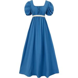 Regency Dresses for Women with Satin Sash Ruffled Puff Sleeve Empire Waist Dress Gown, 3X-Large, Royal Blue