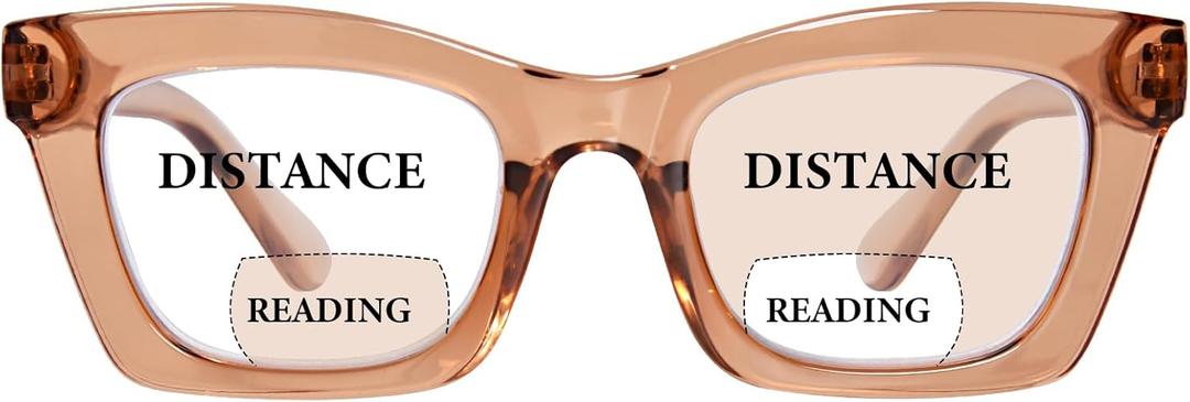 Bifocal Reading Glasses for Women Oversized Square Frame Clear Top Bifocal Readers for Women Blue Light Blocking Computer Readers with Spring Hinges (Champagne, 3.0)
