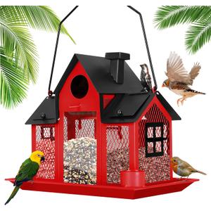Solar Bird Feeders House for Outside Hanging, Metal Wild Bird Feeder for Outdoors Large Capacity Cardinal Birdfeeder Birdhouses Metal Bird Feeding Station Red