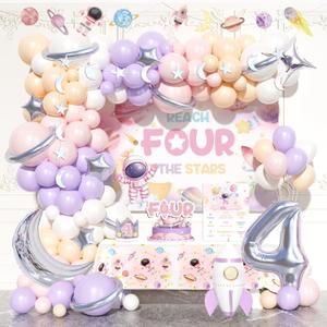Party Inspo Reach Four The Stars Birthday Decorations, Outer Space 4th Birthday Decorations Girl, Space Astronaut Planet Party Supplies Backdrop Balloon Banner Tablecloth Crown for 4 Year Old Girl