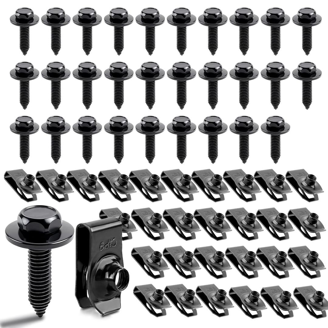 Upgraded 60 PCS 1/4" U-Nut Clips & Hex Head Body Bolts Kit, Automotive Fasteners (30 Sets)  Fender Bolts, Bumper Screws & Engine Splash Shield Hardware  Rust-Resistant Metal Clips & Bolts