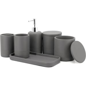 ZCCZ - Grey Bathroom Accessories Set 6 Pcs - Toothbrush Holder, Lotion Soap Dispenser, 2 Qtip Holder Dispenser, Vanity Tray, Bathroom Tumbler - Decorative Countertop Vanity Organizer (Gray)