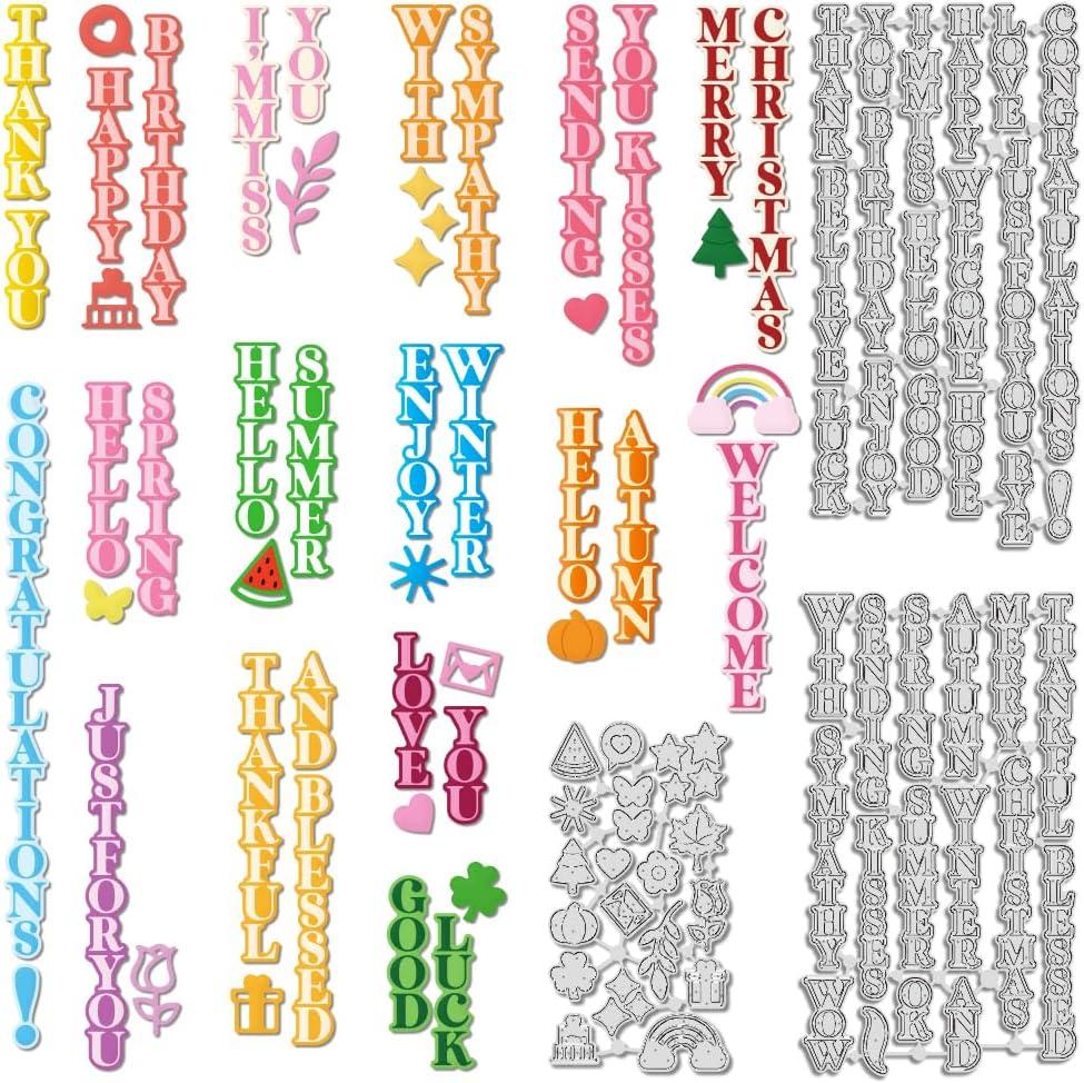 51 PCS Vertical Word Die Cuts Metal Cutting Dies Words Blessings Word Die Good Wishes Sentiments Greeting Dies with Patterns Decor for Paper Craft Scrapbooking Album Handmade Card Making