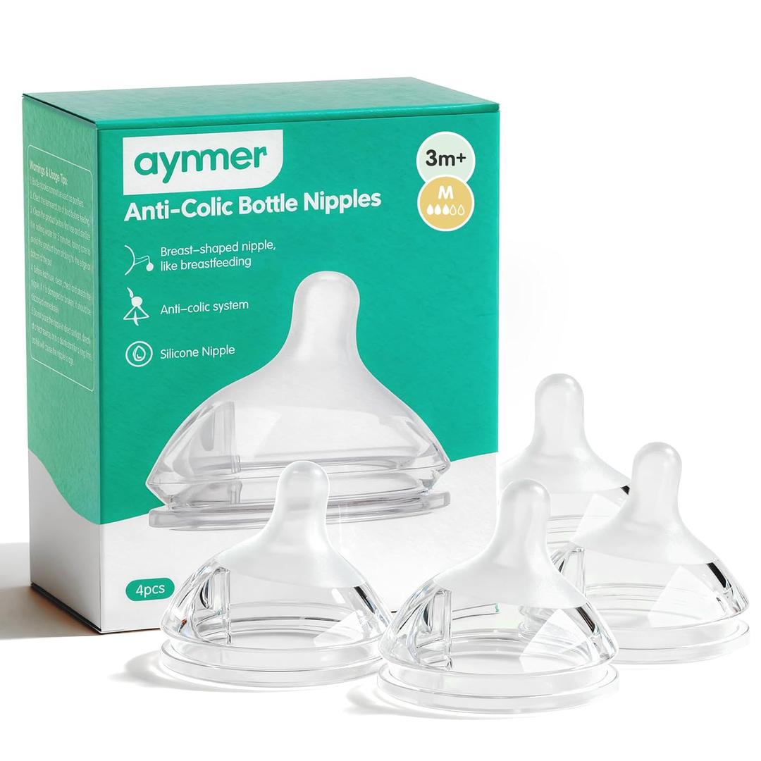 Aynmer Natural Flow Baby Bottle Silicone Nipple0+ Months, 4 Counts (M)