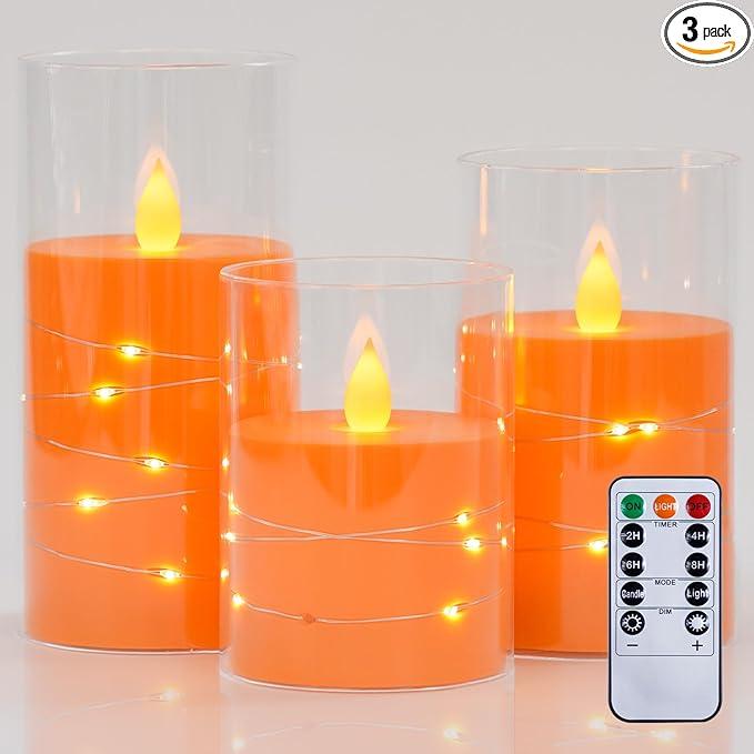 Flameless Flickering 3" x4" 5" 6" Clear Plastic Orange 11-Key Remote Candles with Light Strings, LED Battery Operated Cycle Timer Pack of 3 Candles for Halloween Festival Decor