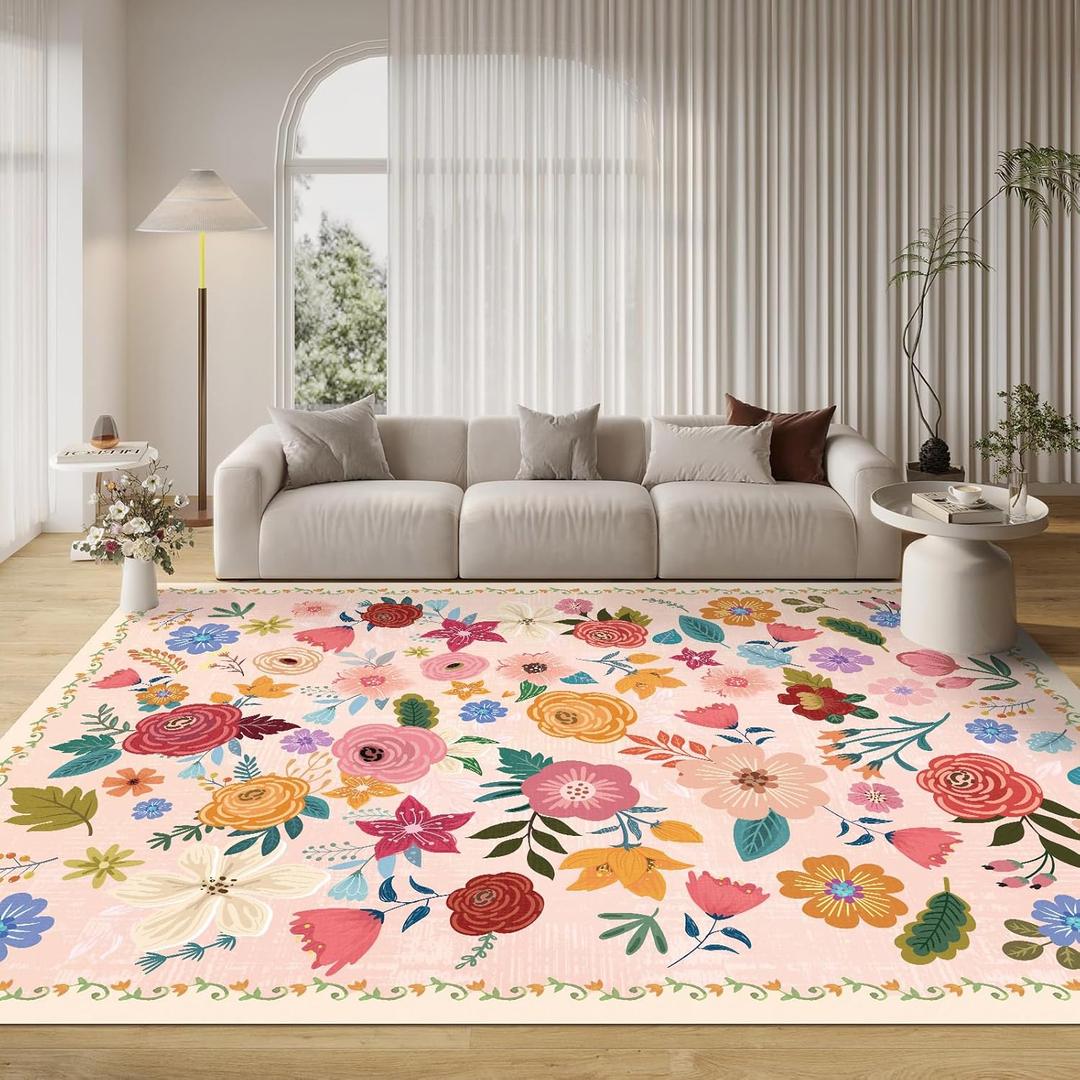 Washable Boho Area Rug 8'10' Light Pink White Large Living Room Rug Floral Non-Slip Soft Oriental Vintage Color Bedroom Carpet Dining Room Nursery Home Office Indoor Decor