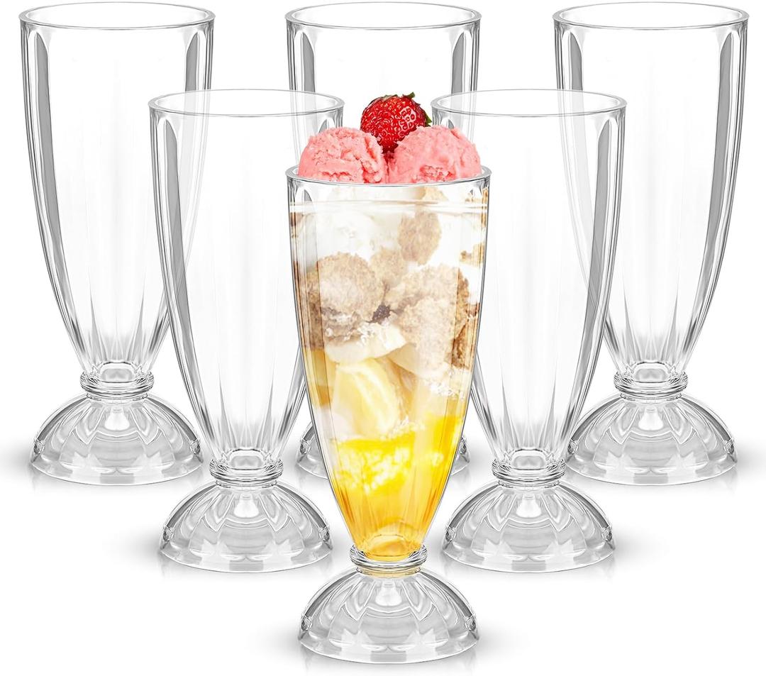 Leumoi 6 Pack 12.6 oz Milkshake Glass Clear Old Fashioned Soda Glasses Acrylic Milkshake Cups Plastic Sundae Glasses Fountain Glass Footed Ice Cream Cups