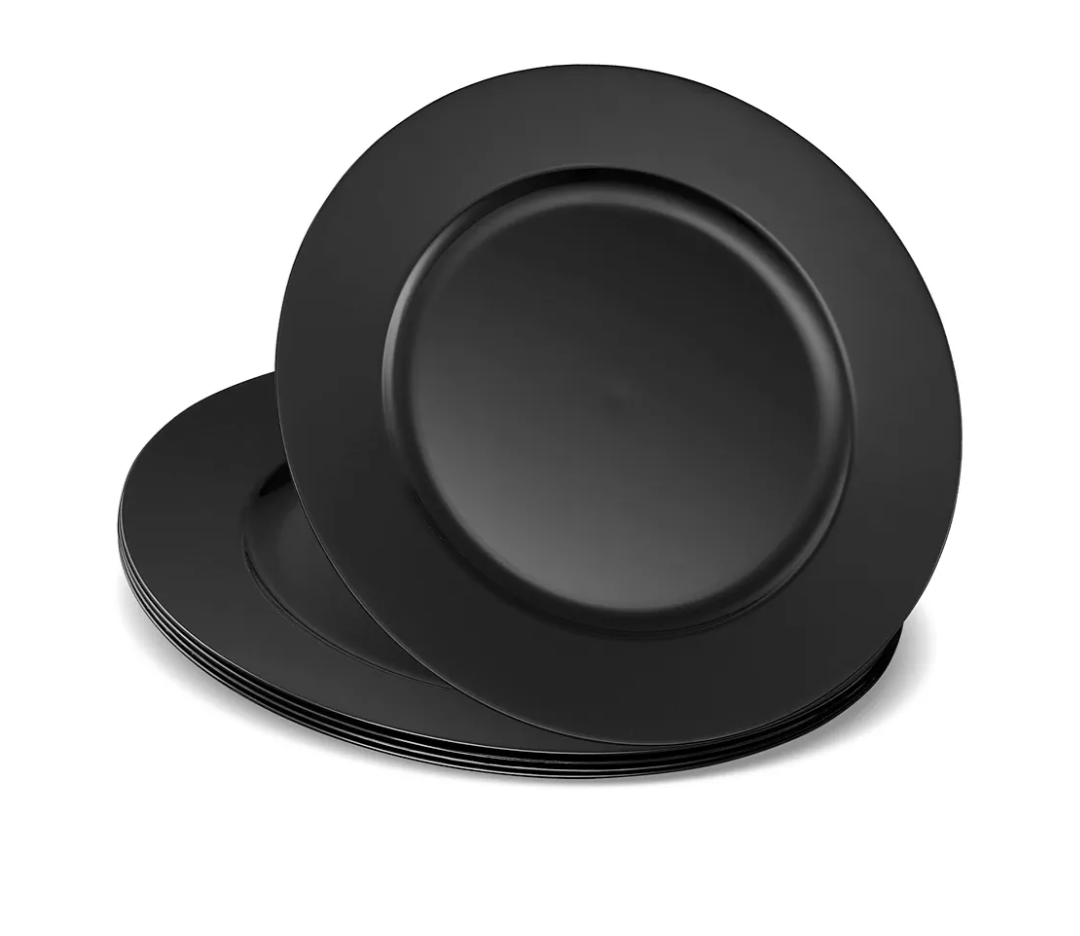 13'' Charger Plates Black Plastic Heavy Duty Disposable Dinner Chargers Serveware Dishes Platters Tableware Pack of 12