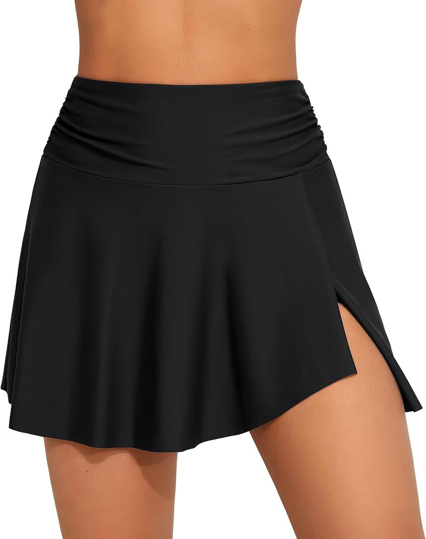 beautyin Women's High Waisted Ruched Swim Skirt Split Tummy Control Tankini Swimsuit Bathing Suit Bottoms with Pocket (X-Large, Black)