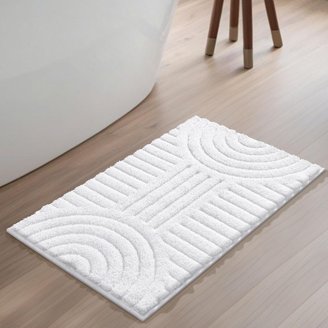 SHACOS Boho Bathroom Rugs 32"x20" Extra Soft Absorbent Microfiber Bath Mats Home Decor Non Slip Carpet Machine Washable Shaggy Bath Rugs for Bathroom Shower Bathtub, White 1'8" x 2'8"
