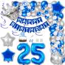 25th Birthday Party Decorations Blue Happy Birthday Banner Latex Confetti Balloons Number 25 Foil Balloon Silver Crown Star Mylar Balloon Cake Topper for Men Women Anniversary Party Supplies