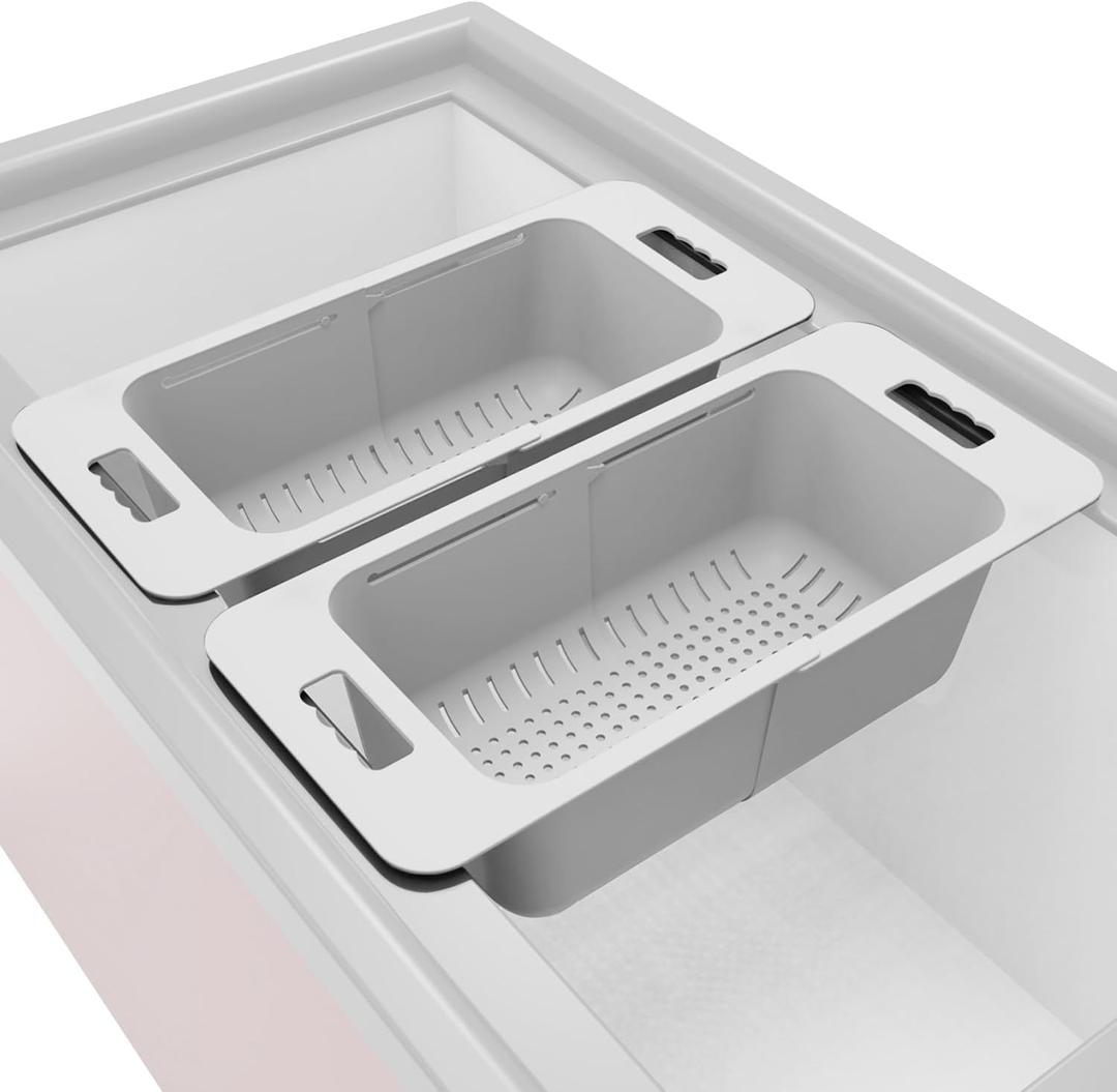 Yatmung Deep Freezer Storage Bins Expandable - Freezer Baskets for Chest Freezer Adjustable - Freezer Organizer Bins with Handle - Freezer Organization Accessories for Kitchen -White, 2-PACK