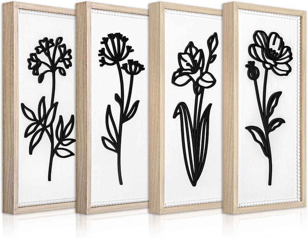 White Floral Bathroom Wall Decor Set of 4, Wood-Framed 3D Gallery Wall Art, Rectangular