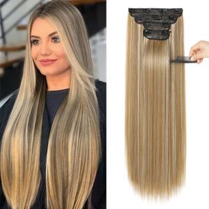 REECHO 28" Straight Long 4 PCS Set Thick Clip in on Hair Extensions - Dark Blonde with Highlights