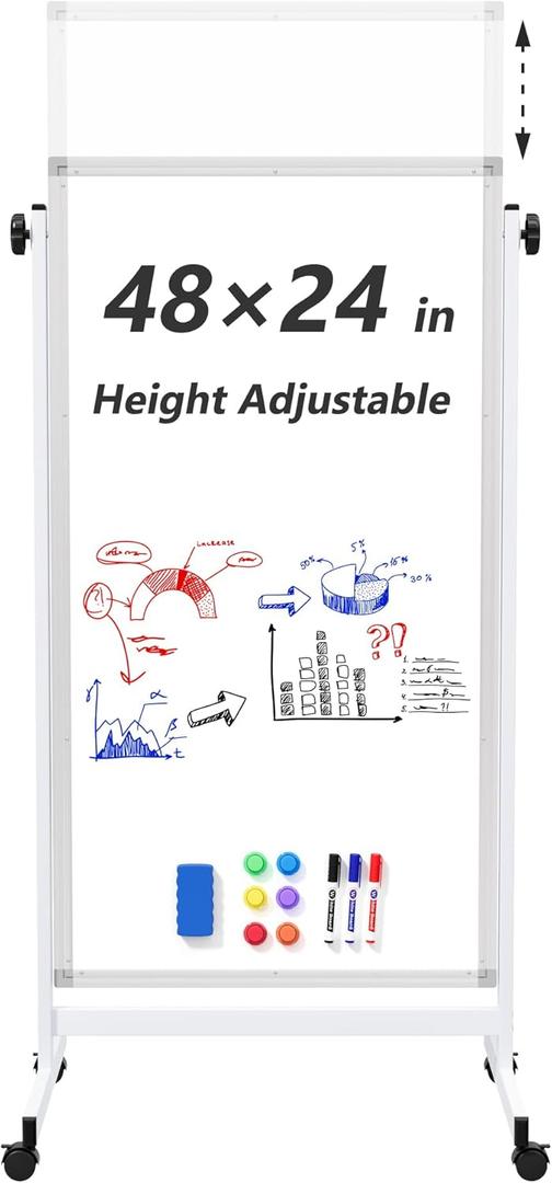 Rolling Whiteboard on Wheels, 48" x 24" Height Adjustable Mobile Magnetic White Board with Stand, Large Double-Sided Standing Dry Erase Board Easel for Home Office Classroom School