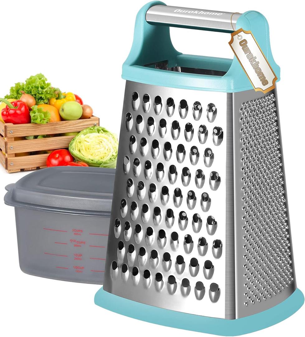 Ourokhome Cheese Grater with Handle, Stainless Steel Box Grater, 4 Side Kitchen Vegetable Shredder Slicer Zester with Container for Parmesan, Cabbage, Ginger, Lemon, Chocolate, Coconut (Teal) (10 inch, Mint)