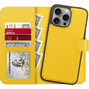 LUMARKE Designed for iPhone 13 Pro Wallet Case - Detachable Flip Folio Cover - RFID Blocking 4 Card Slots Holder - Premium Leather Magnetic Kickstand - Protective Phone Case 6.1", Yellow