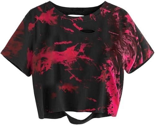 Avanova Women Distressed Loose Crop Top Oversized Short Sleeve Ripped Tee Shirt M